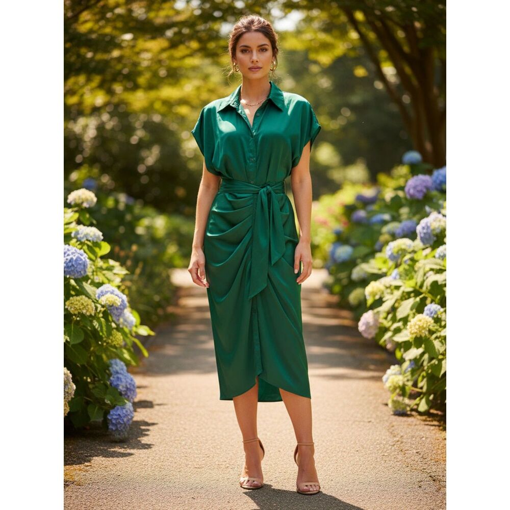 Do+Be Satin Pleated Midi Dress in Green (Size M)